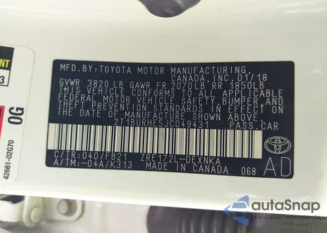 2018 Toyota Corolla Le z USA, uszkodzony, nr VIN 2T1BURHE5JC049431